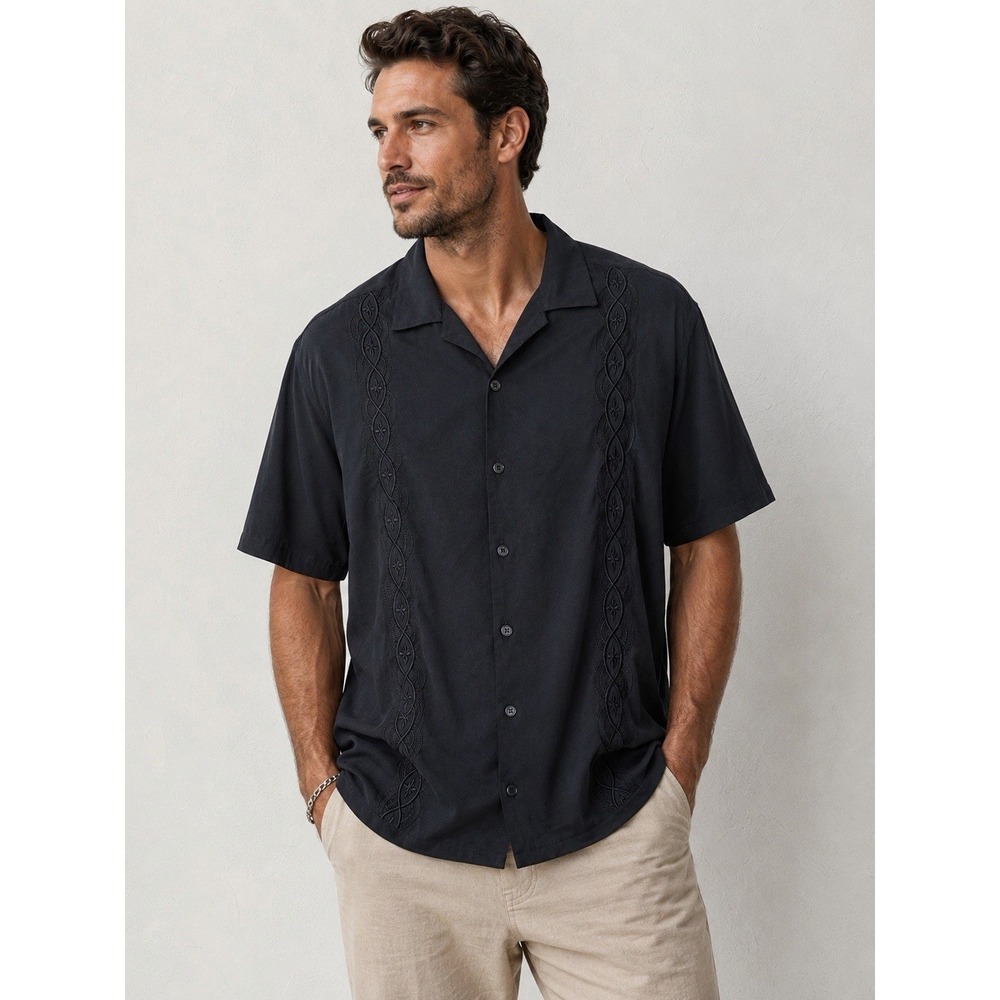 6A by Axis Men's Shirt L Black 100% Silk Short Sleeve Button up Embroidered